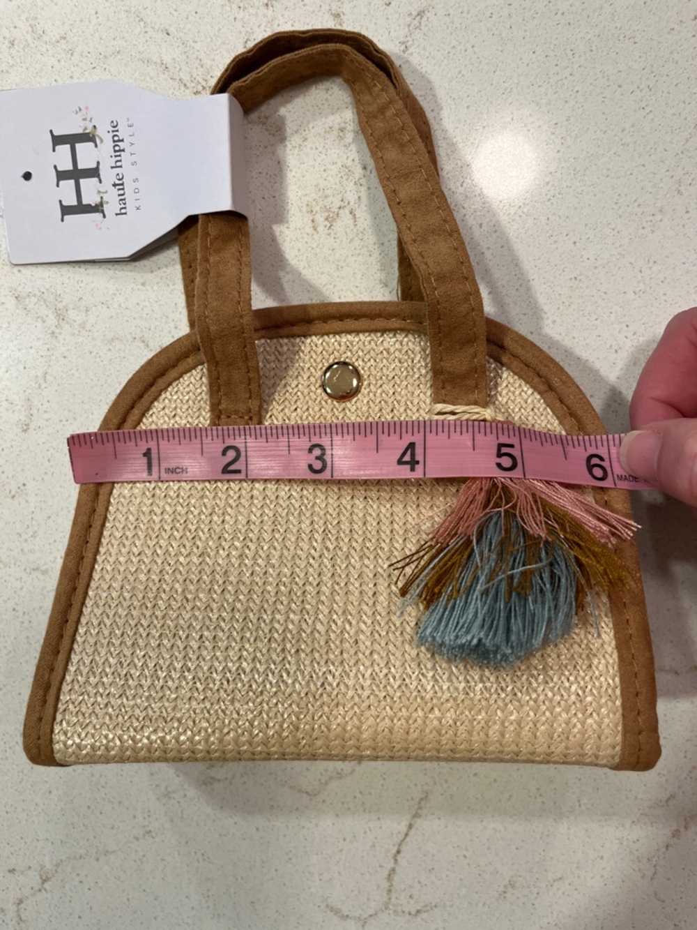 Haute Hippie Straw Mini Tote with Tan Trim and Blue Pink Tassel - Picture 5 of 7